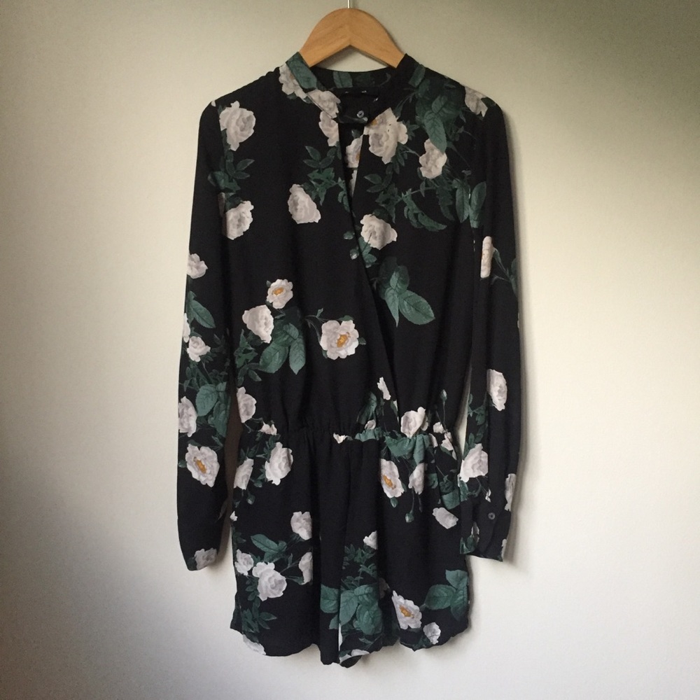 Chiffon Floral Long Sleeve Surplice Romper